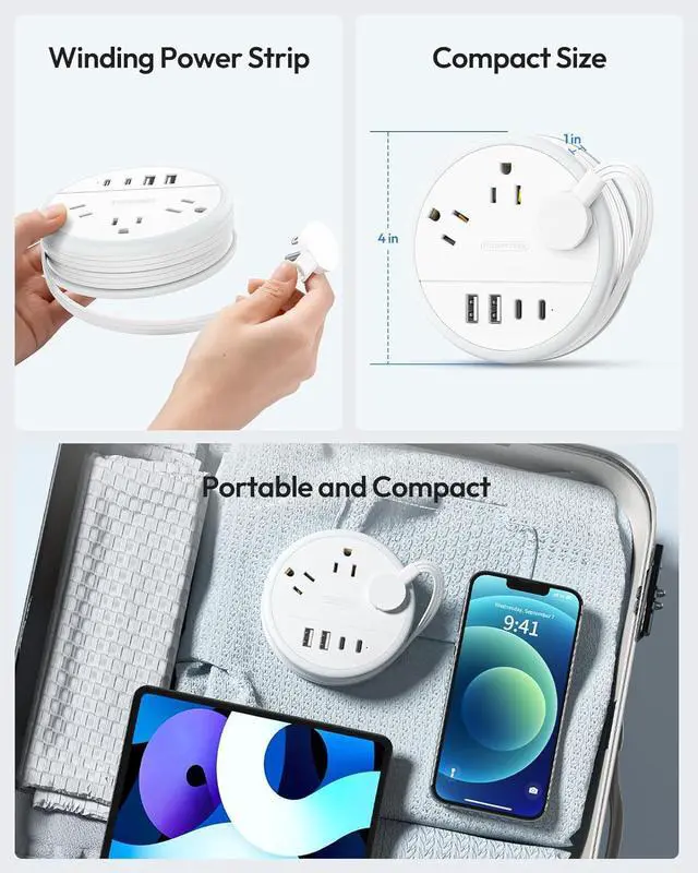 Alt view image 5 of 7 - NTONPOWER Travel Power Strip, Travel Essentials, Cruise Essentials 3 Outlets 4 USB Ports(2 USB C), 4FT Wrapped Around Extension Cord for Travel Cruise Ship Beach Vacation Essentials White