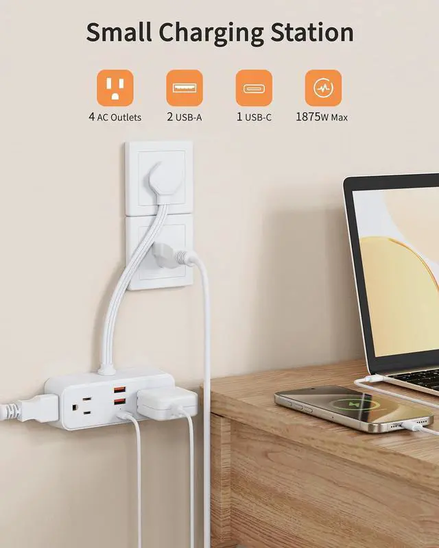 Alt view image 2 of 7 - Short Extension Cord 6 Inch, Flat Plug Small Power Strip with 4 AC & 3 USB(1 USB-C), 1875W/15A, 1700J Surge Protector, Multi Plug Outlet Extender for Home Office Travel, White