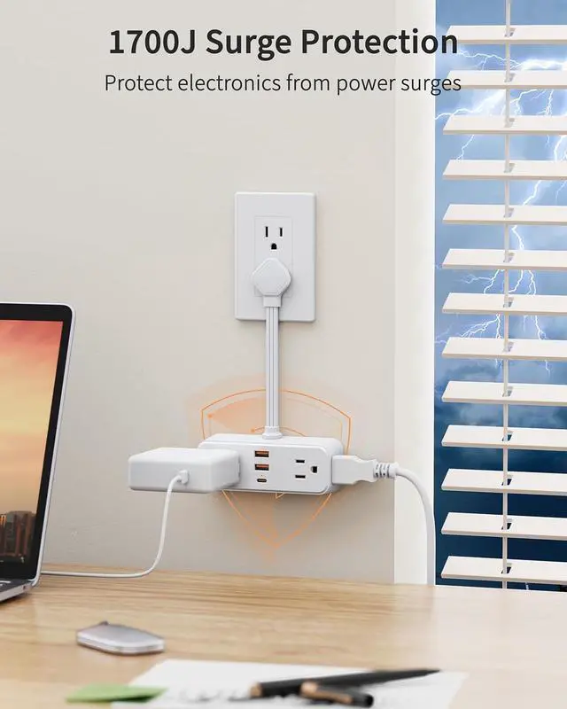 Alt view image 3 of 7 - Short Extension Cord 6 Inch, Flat Plug Small Power Strip with 4 AC & 3 USB(1 USB-C), 1875W/15A, 1700J Surge Protector, Multi Plug Outlet Extender for Home Office Travel, White