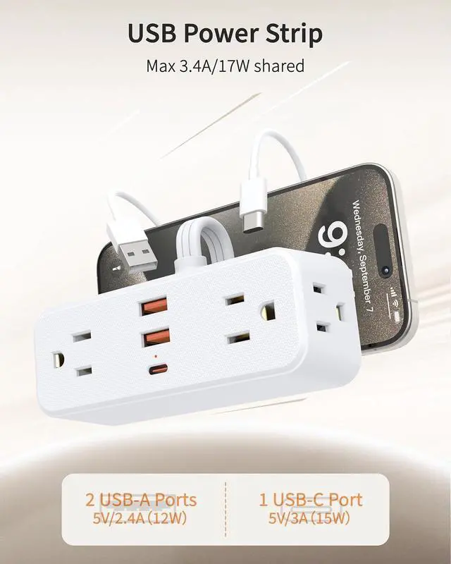 Alt view image 5 of 7 - Short Extension Cord 6 Inch, Flat Plug Small Power Strip with 4 AC & 3 USB(1 USB-C), 1875W/15A, 1700J Surge Protector, Multi Plug Outlet Extender for Home Office Travel, White