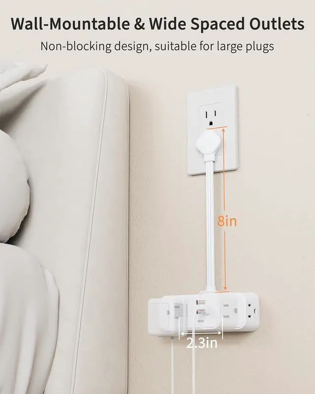 Alt view image 4 of 7 - Short Extension Cord 6 Inch, Flat Plug Small Power Strip with 4 AC & 3 USB(1 USB-C), 1875W/15A, 1700J Surge Protector, Multi Plug Outlet Extender for Home Office Travel, White