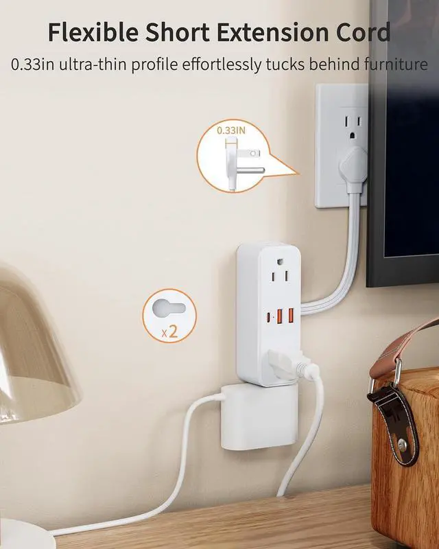 Alt view image 6 of 7 - Short Extension Cord 6 Inch, Flat Plug Small Power Strip with 4 AC & 3 USB(1 USB-C), 1875W/15A, 1700J Surge Protector, Multi Plug Outlet Extender for Home Office Travel, White