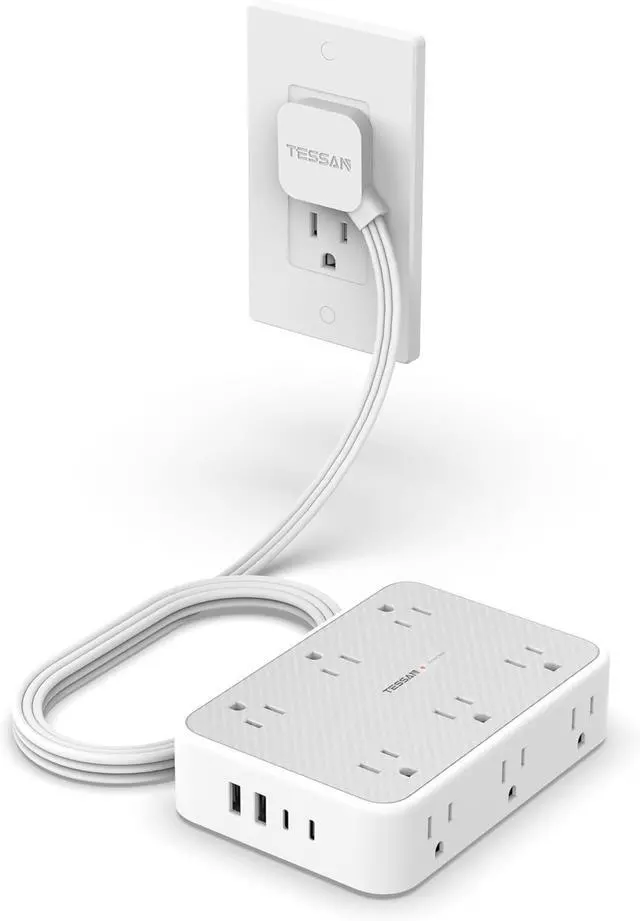 Main image of TESSAN Surge Protector Power Strip, 5FT Flat Extension Cord with Multiple Outlets, 12 Outlet Extender with 4 USB (2 USB-C), Flat Plug Power Strip, 1800J Surge Protection, Office, Dorm Essentials