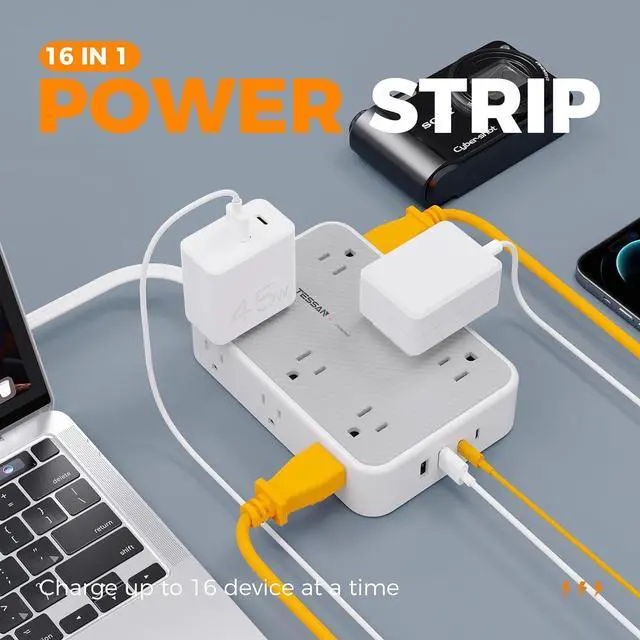 Alt view image 2 of 7 - TESSAN Surge Protector Power Strip, 5FT Flat Extension Cord with Multiple Outlets, 12 Outlet Extender with 4 USB (2 USB-C), Flat Plug Power Strip, 1800J Surge Protection, Office, Dorm Essentials