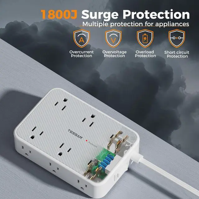 Alt view image 5 of 7 - TESSAN Surge Protector Power Strip, 5FT Flat Extension Cord with Multiple Outlets, 12 Outlet Extender with 4 USB (2 USB-C), Flat Plug Power Strip, 1800J Surge Protection, Office, Dorm Essentials