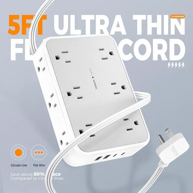 Alt view image 7 of 7 - TESSAN Surge Protector Power Strip, 5FT Flat Extension Cord with Multiple Outlets, 12 Outlet Extender with 4 USB (2 USB-C), Flat Plug Power Strip, 1800J Surge Protection, Office, Dorm Essentials