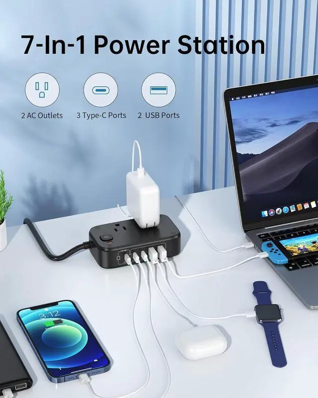 Alt view image 2 of 7 - Power Strip with USB C Ports, 30W USB C Charging Station with 2 Outlets 3 USB C & 2 USB A, Surge Protection 1200J Charger for Multiple Devices, 5FT Flat Extension Cord USB Charger Hub for Travel Home
