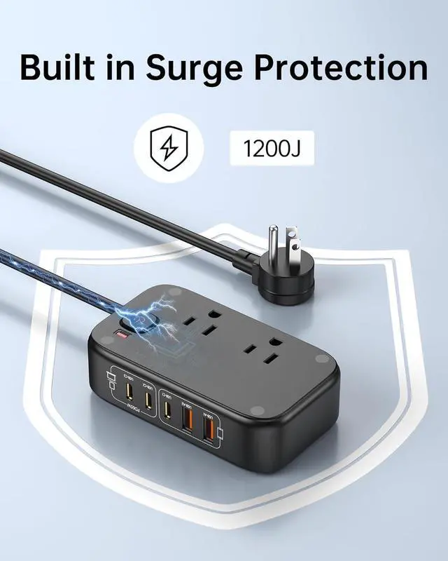 Alt view image 5 of 7 - Power Strip with USB C Ports, 30W USB C Charging Station with 2 Outlets 3 USB C & 2 USB A, Surge Protection 1200J Charger for Multiple Devices, 5FT Flat Extension Cord USB Charger Hub for Travel Home