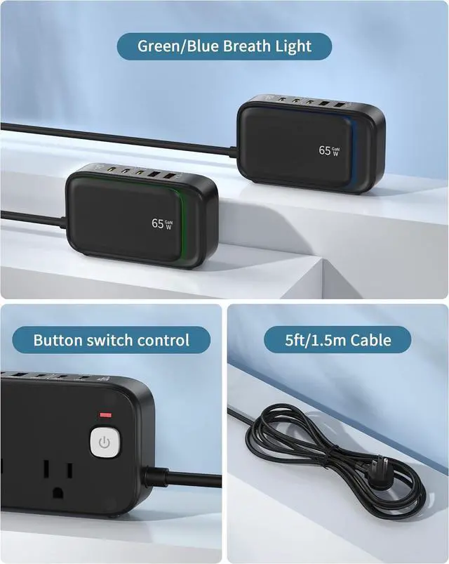 Alt view image 7 of 7 - Power Strip with USB C Ports, 30W USB C Charging Station with 2 Outlets 3 USB C & 2 USB A, Surge Protection 1200J Charger for Multiple Devices, 5FT Flat Extension Cord USB Charger Hub for Travel Home
