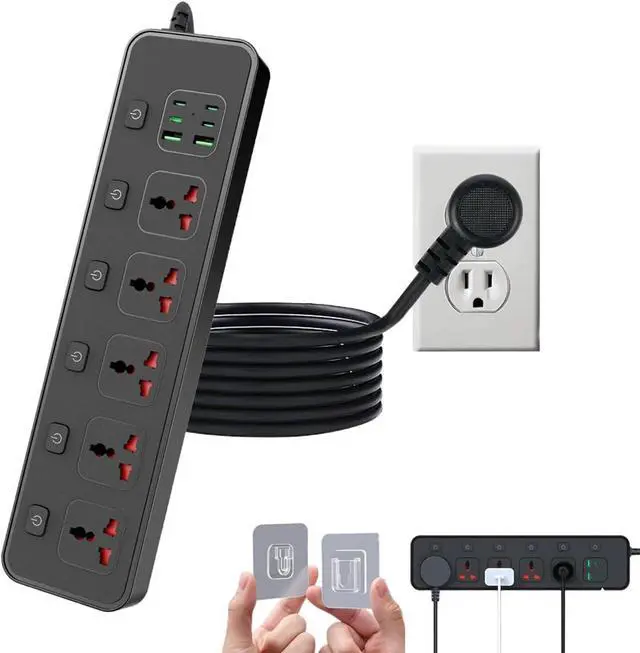Main image of Flat Plug Power Strip with Individual Swtich, Jumpso 6ft Universal Extension Cord with 5 Outlets and 2 USB 4 USB C Ports, Max 3000w, 110-240v, Multiple Outlets Plug Adapter for Office Travel