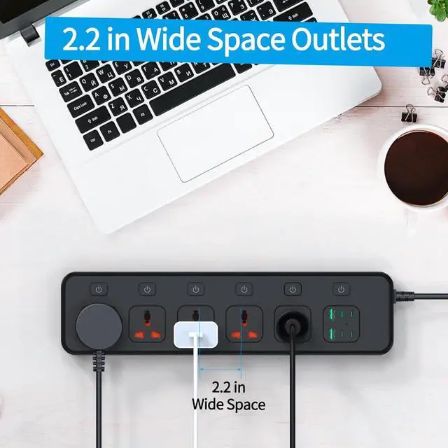 Alt view image 3 of 6 - Flat Plug Power Strip with Individual Swtich, Jumpso 6ft Universal Extension Cord with 5 Outlets and 2 USB 4 USB C Ports, Max 3000w, 110-240v, Multiple Outlets Plug Adapter for Office Travel