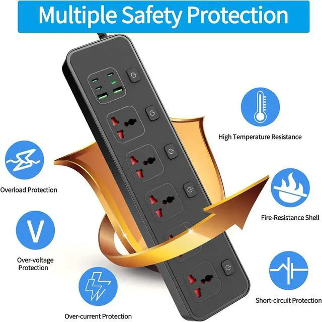 Alt view image 5 of 6 - Flat Plug Power Strip with Individual Swtich, Jumpso 6ft Universal Extension Cord with 5 Outlets and 2 USB 4 USB C Ports, Max 3000w, 110-240v, Multiple Outlets Plug Adapter for Office Travel
