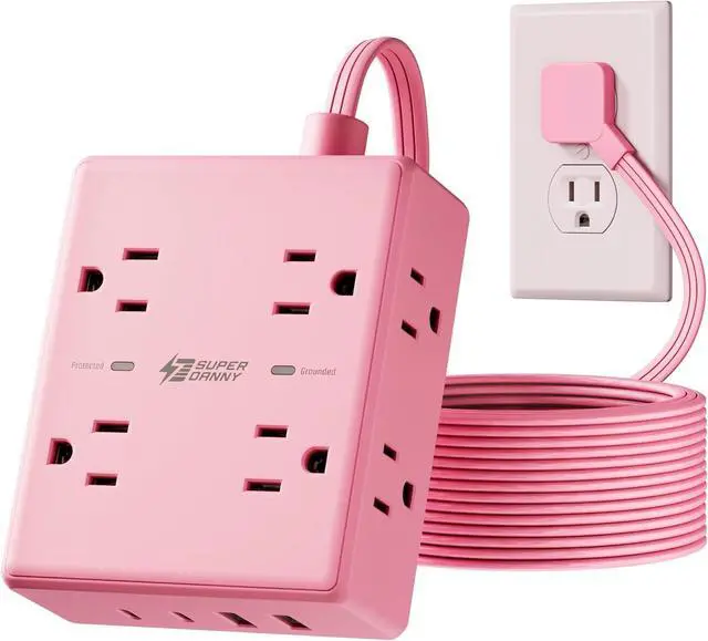 Main image of Pink Extension Cord 10Ft, Flat Plug Surge Protector Power Strip, 8 Outlets & 4 USB Ports (2 USB C), Cute Stuff Pink Room Decor, Home Office Kawaii Desk Accessories for Girls