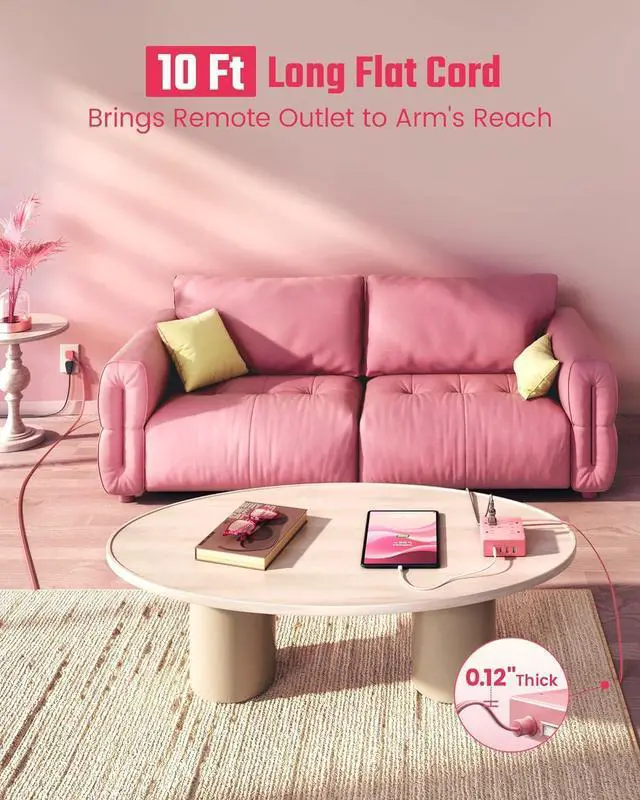 Alt view image 2 of 7 - Pink Extension Cord 10Ft, Flat Plug Surge Protector Power Strip, 8 Outlets & 4 USB Ports (2 USB C), Cute Stuff Pink Room Decor, Home Office Kawaii Desk Accessories for Girls