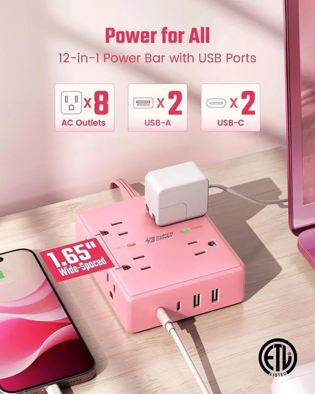 Alt view image 3 of 7 - Pink Extension Cord 10Ft, Flat Plug Surge Protector Power Strip, 8 Outlets & 4 USB Ports (2 USB C), Cute Stuff Pink Room Decor, Home Office Kawaii Desk Accessories for Girls