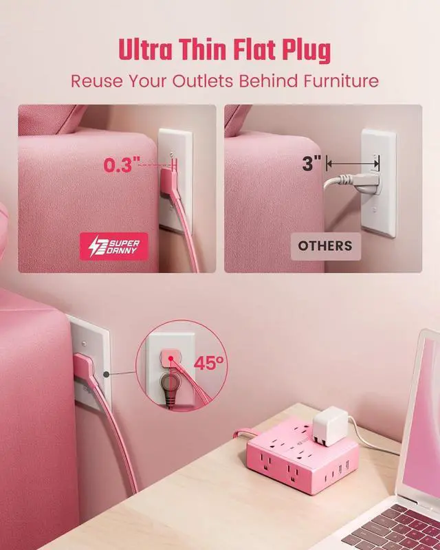 Alt view image 4 of 7 - Pink Extension Cord 10Ft, Flat Plug Surge Protector Power Strip, 8 Outlets & 4 USB Ports (2 USB C), Cute Stuff Pink Room Decor, Home Office Kawaii Desk Accessories for Girls