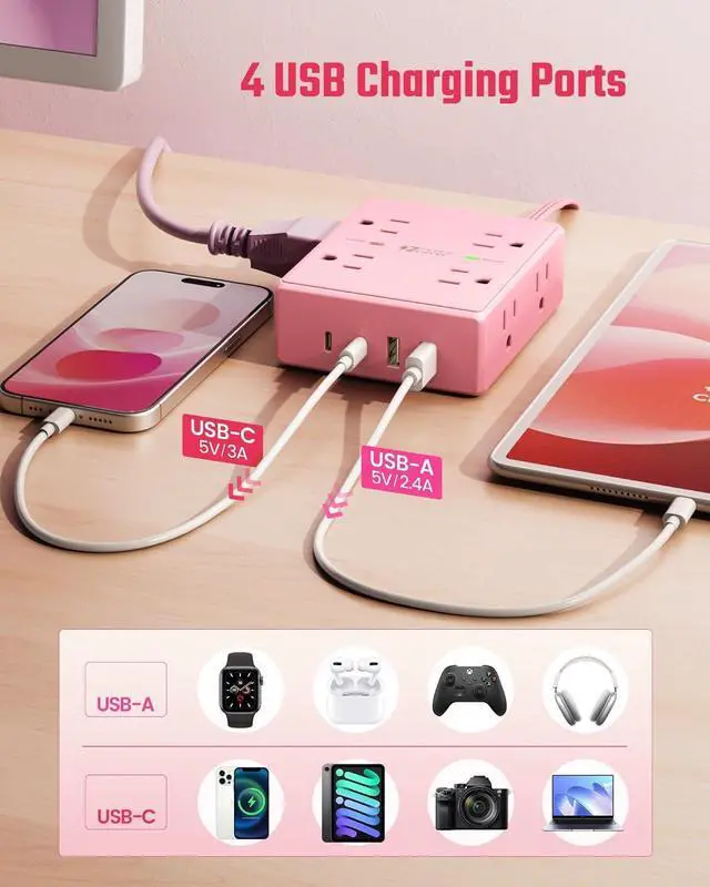 Alt view image 5 of 7 - Pink Extension Cord 10Ft, Flat Plug Surge Protector Power Strip, 8 Outlets & 4 USB Ports (2 USB C), Cute Stuff Pink Room Decor, Home Office Kawaii Desk Accessories for Girls