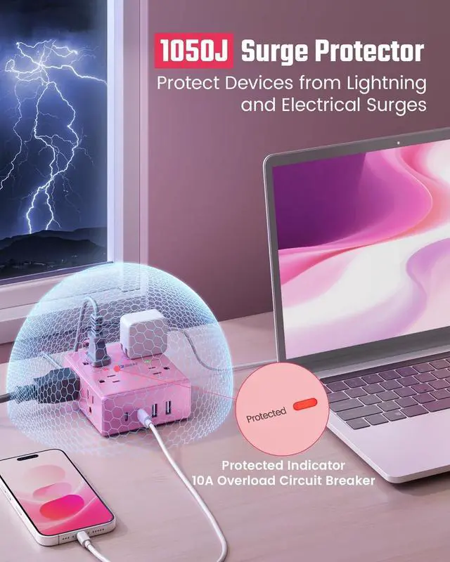 Alt view image 6 of 7 - Pink Extension Cord 10Ft, Flat Plug Surge Protector Power Strip, 8 Outlets & 4 USB Ports (2 USB C), Cute Stuff Pink Room Decor, Home Office Kawaii Desk Accessories for Girls