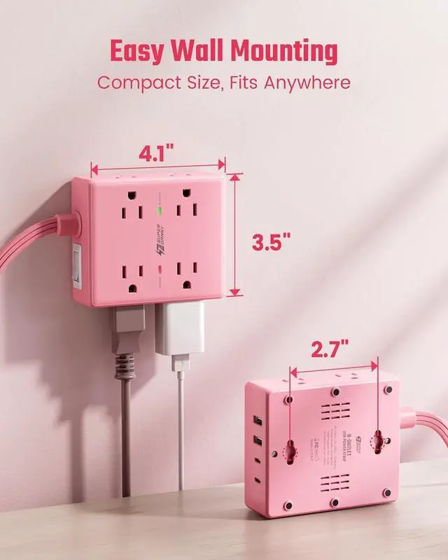 Alt view image 7 of 7 - Pink Extension Cord 10Ft, Flat Plug Surge Protector Power Strip, 8 Outlets & 4 USB Ports (2 USB C), Cute Stuff Pink Room Decor, Home Office Kawaii Desk Accessories for Girls