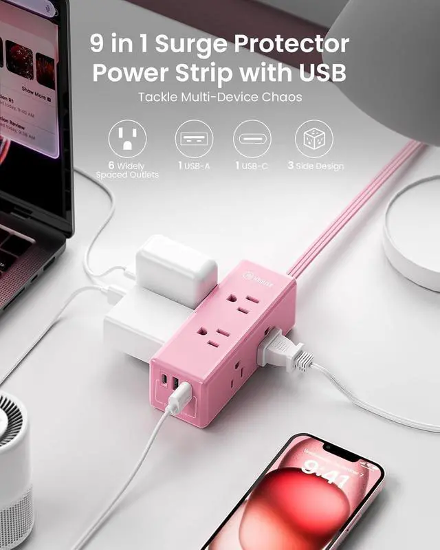 Alt view image 3 of 7 - Pink Power Strip,HONIZER 1080J Surge Protector Power Strip with 6ft Pink Extension Cord,6 Outlets & 3 USB Ports (1 USB-C), Cute,Wall Mount for Home Office Dorm Desk Accessories, Blush Boost