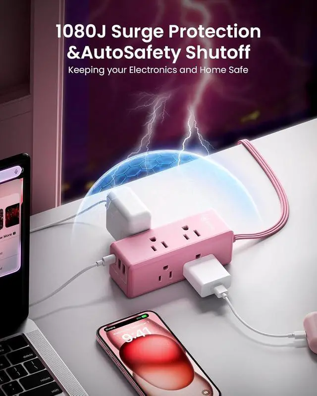 Alt view image 5 of 7 - Pink Power Strip,HONIZER 1080J Surge Protector Power Strip with 6ft Pink Extension Cord,6 Outlets & 3 USB Ports (1 USB-C), Cute,Wall Mount for Home Office Dorm Desk Accessories, Blush Boost