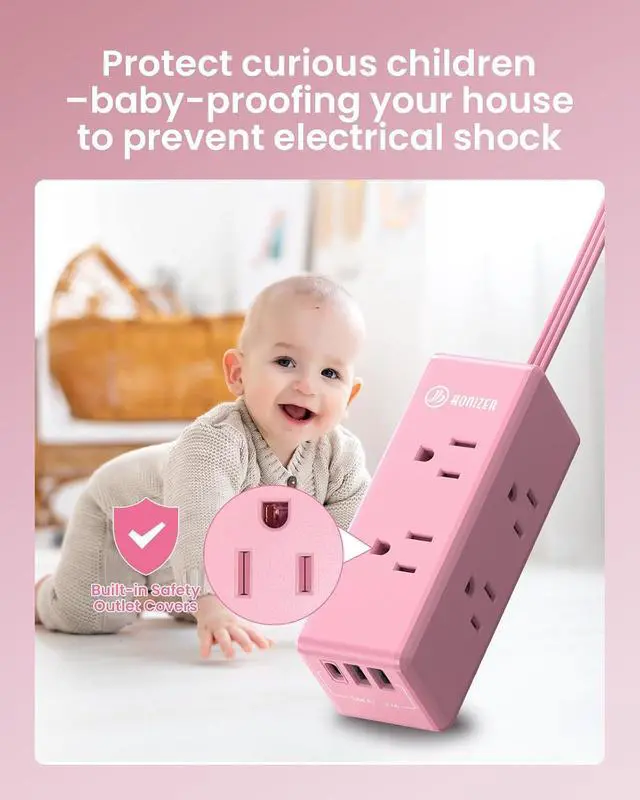 Alt view image 7 of 7 - Pink Power Strip,HONIZER 1080J Surge Protector Power Strip with 6ft Pink Extension Cord,6 Outlets & 3 USB Ports (1 USB-C), Cute,Wall Mount for Home Office Dorm Desk Accessories, Blush Boost