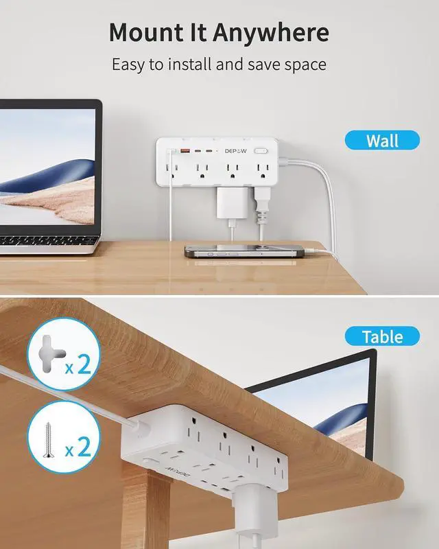 Alt view image 5 of 7 - 2 Prong Power Strip, 2 to 3 Prong Outlet Adapter with 8 AC & 4 USB Ports (2 USB C), 5FT Extension Cord, 1700J Two Prong Surge Protector, Wall Mountable, Ideal for Old House Non-Grounded Outlets
