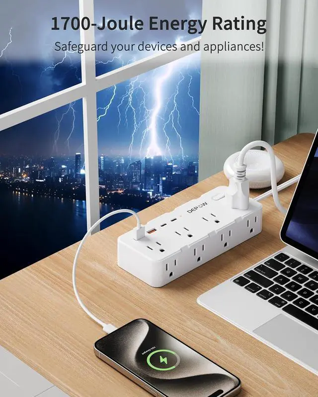 Alt view image 6 of 7 - 2 Prong Power Strip, 2 to 3 Prong Outlet Adapter with 8 AC & 4 USB Ports (2 USB C), 5FT Extension Cord, 1700J Two Prong Surge Protector, Wall Mountable, Ideal for Old House Non-Grounded Outlets
