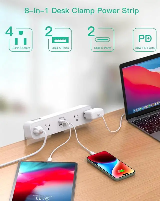 Alt view image 3 of 7 - PD30W Desk Clamp Power Strip, Desktop Mount Surge Protector, Fast Charging Station, 5Ft Extension Cord Desk Edge Mount Shelf with 4 Outlets 4 USB Ports (2 USB C), Home Office Accessories Essentials