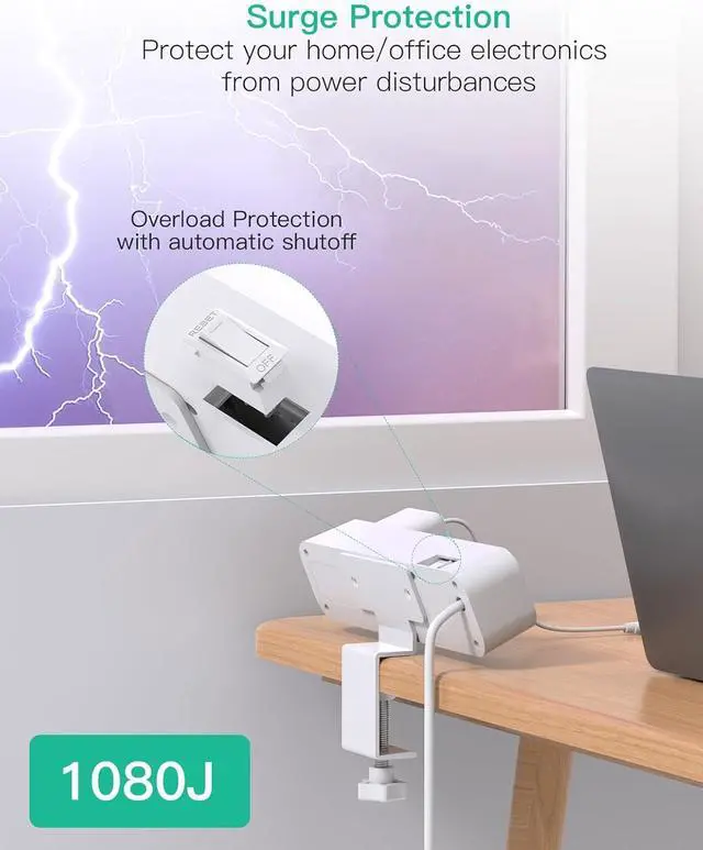 Alt view image 7 of 7 - PD30W Desk Clamp Power Strip, Desktop Mount Surge Protector, Fast Charging Station, 5Ft Extension Cord Desk Edge Mount Shelf with 4 Outlets 4 USB Ports (2 USB C), Home Office Accessories Essentials