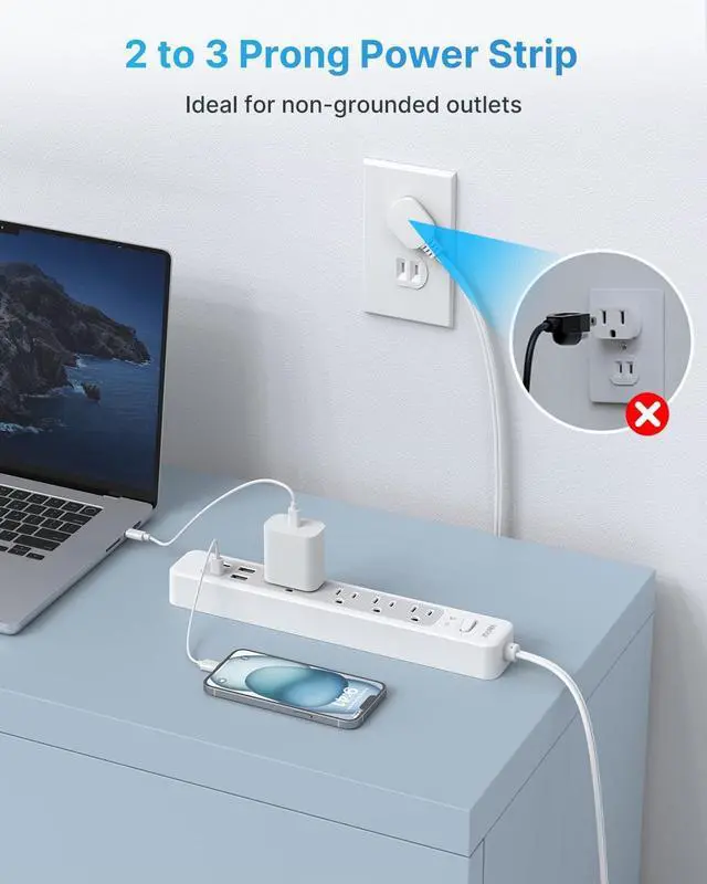 Alt view image 2 of 7 - VINTAR 2 Prong Power Strip, 2 Prong to 3 Prong Outlet Adapter, 6ft Extension Cord with 4 Outlets & 4 USB(2 USB-C), 1440J Flat Plug Two Prong Surge Protector, Wall Mountable Ideal for Old House