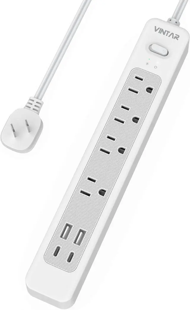 Main image of VINTAR 2 Prong Power Strip, 2 Prong to 3 Prong Outlet Adapter, 6ft Extension Cord with 4 Outlets & 4 USB(2 USB-C), 1440J Flat Plug Two Prong Surge Protector, Wall Mountable Ideal for Old House