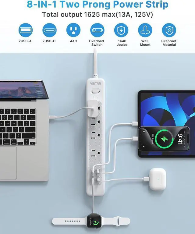 Alt view image 4 of 7 - VINTAR 2 Prong Power Strip, 2 Prong to 3 Prong Outlet Adapter, 6ft Extension Cord with 4 Outlets & 4 USB(2 USB-C), 1440J Flat Plug Two Prong Surge Protector, Wall Mountable Ideal for Old House