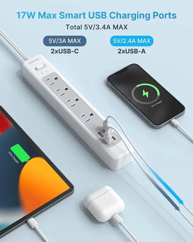 Alt view image 5 of 7 - VINTAR 2 Prong Power Strip, 2 Prong to 3 Prong Outlet Adapter, 6ft Extension Cord with 4 Outlets & 4 USB(2 USB-C), 1440J Flat Plug Two Prong Surge Protector, Wall Mountable Ideal for Old House