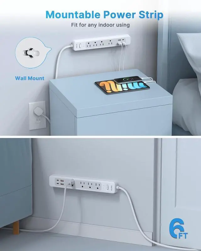 Alt view image 6 of 7 - VINTAR 2 Prong Power Strip, 2 Prong to 3 Prong Outlet Adapter, 6ft Extension Cord with 4 Outlets & 4 USB(2 USB-C), 1440J Flat Plug Two Prong Surge Protector, Wall Mountable Ideal for Old House