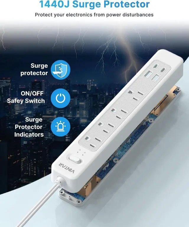 Alt view image 7 of 7 - VINTAR 2 Prong Power Strip, 2 Prong to 3 Prong Outlet Adapter, 6ft Extension Cord with 4 Outlets & 4 USB(2 USB-C), 1440J Flat Plug Two Prong Surge Protector, Wall Mountable Ideal for Old House