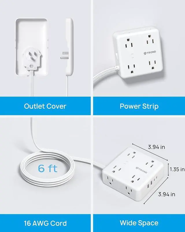 Alt view image 6 of 7 - TROND Flat Outlet Cover Extender - 6FT Flat Extension Cord with 8 Outlet and 4 USB, Ultra-Thin Power Strip Cord Concealer with 1700 Surge Protector, Idea for Home Improvement to Hide TV Messy Cord