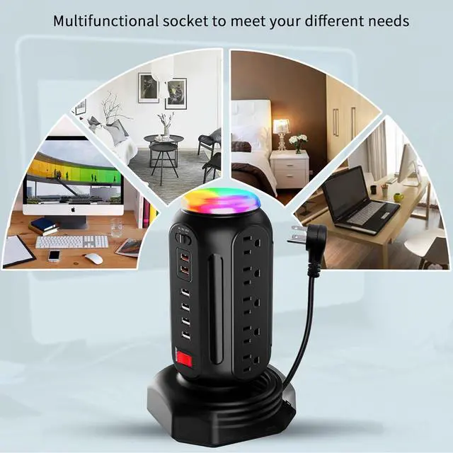 Alt view image 2 of 6 - Power Strip Tower 15 Outlets 6 USB Ports, Surge Protector with Colorful Led Light & USB Fast Charge,Desktop Charging Station with 6.5ft Heavy Duty Extension Cord for Home Office(Black)