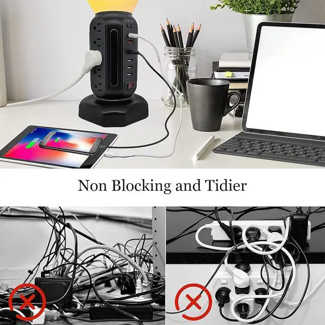 Alt view image 4 of 6 - Power Strip Tower 15 Outlets 6 USB Ports, Surge Protector with Colorful Led Light & USB Fast Charge,Desktop Charging Station with 6.5ft Heavy Duty Extension Cord for Home Office(Black)