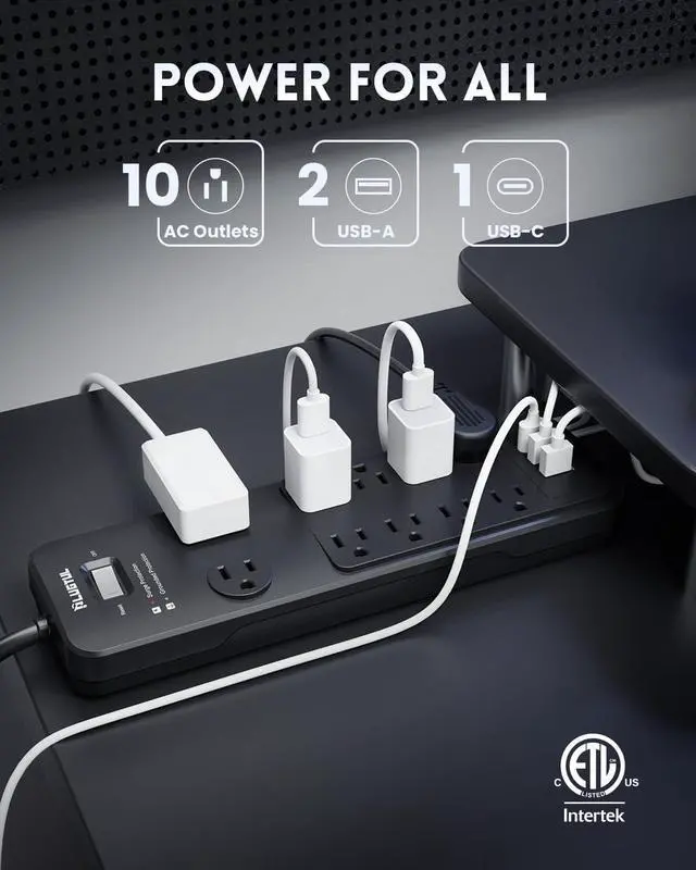 Alt view image 2 of 7 - Surge Protector Power Strip 10FT, PLUGTUL Surge Protector with 10 Outlets - Spacious Design for Large Plugs, Flat Plug, 20W USB C Charging for Home, Office, ETL Listed2040J