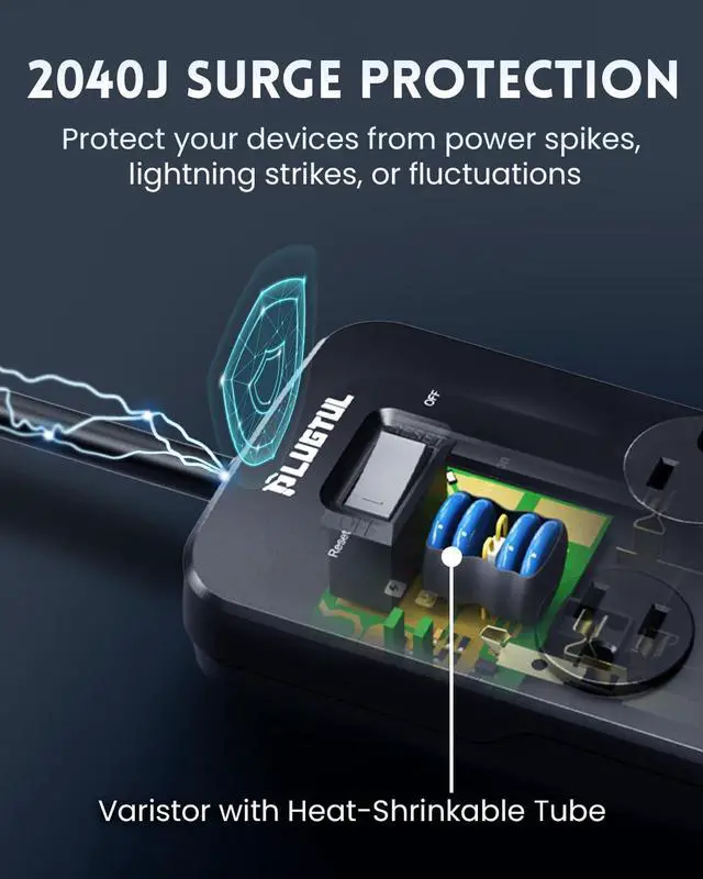 Alt view image 3 of 7 - Surge Protector Power Strip 10FT, PLUGTUL Surge Protector with 10 Outlets - Spacious Design for Large Plugs, Flat Plug, 20W USB C Charging for Home, Office, ETL Listed2040J