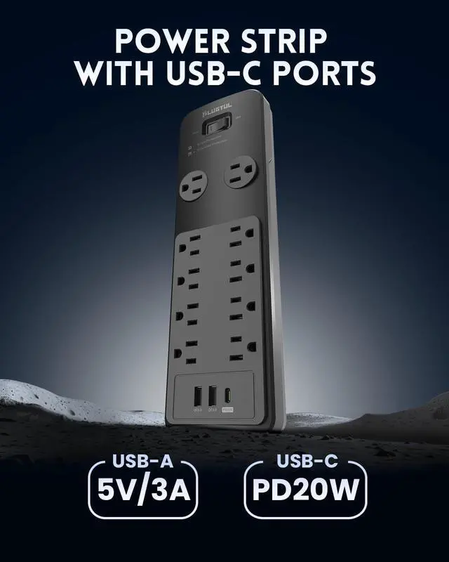 Alt view image 4 of 7 - Surge Protector Power Strip 10FT, PLUGTUL Surge Protector with 10 Outlets - Spacious Design for Large Plugs, Flat Plug, 20W USB C Charging for Home, Office, ETL Listed2040J
