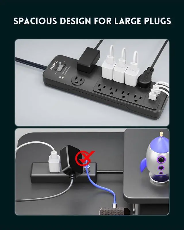Alt view image 5 of 7 - Surge Protector Power Strip 10FT, PLUGTUL Surge Protector with 10 Outlets - Spacious Design for Large Plugs, Flat Plug, 20W USB C Charging for Home, Office, ETL Listed2040J
