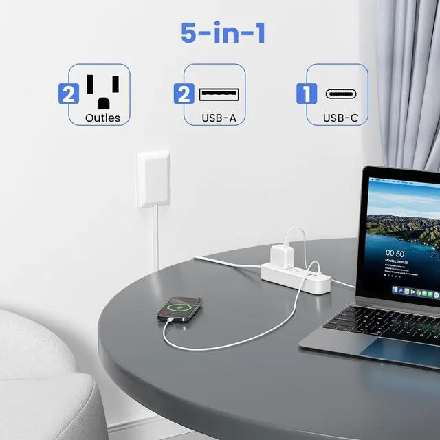 Alt view image 5 of 7 - Flat Socket Extension Cord 3 FT Surge Protector Power Strip with 2 AC Outlets 1 USB C and 2 USB A Ports, Multiple Wall Outlet Extender Suitable for Home Dorm Desk Garage Work Travel Apartment (3FT)