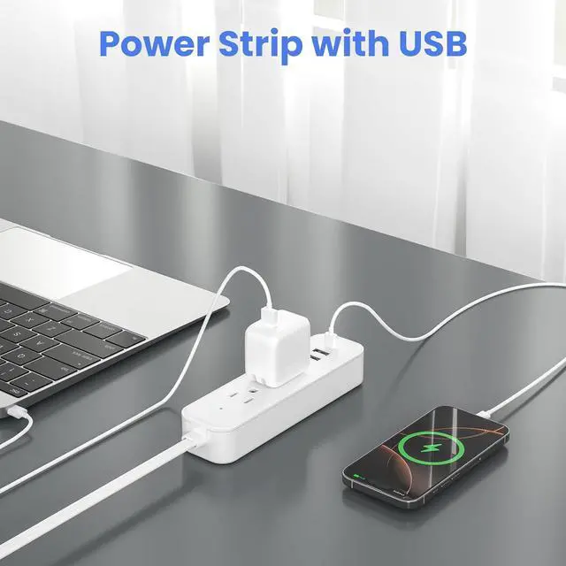 Alt view image 7 of 7 - Flat Socket Extension Cord 3 FT Surge Protector Power Strip with 2 AC Outlets 1 USB C and 2 USB A Ports, Multiple Wall Outlet Extender Suitable for Home Dorm Desk Garage Work Travel Apartment (3FT)