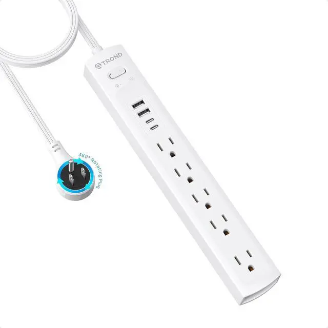 Main image of TROND Surge Protector Power Strip with 360° Rotating Flat Plug, 5 Widely Spaced Outlets with 2 USB C and 2 USB A, 1440J Surge Protector, Wall Mountable, Extension Cord 6ft for Home Office Dorm, White