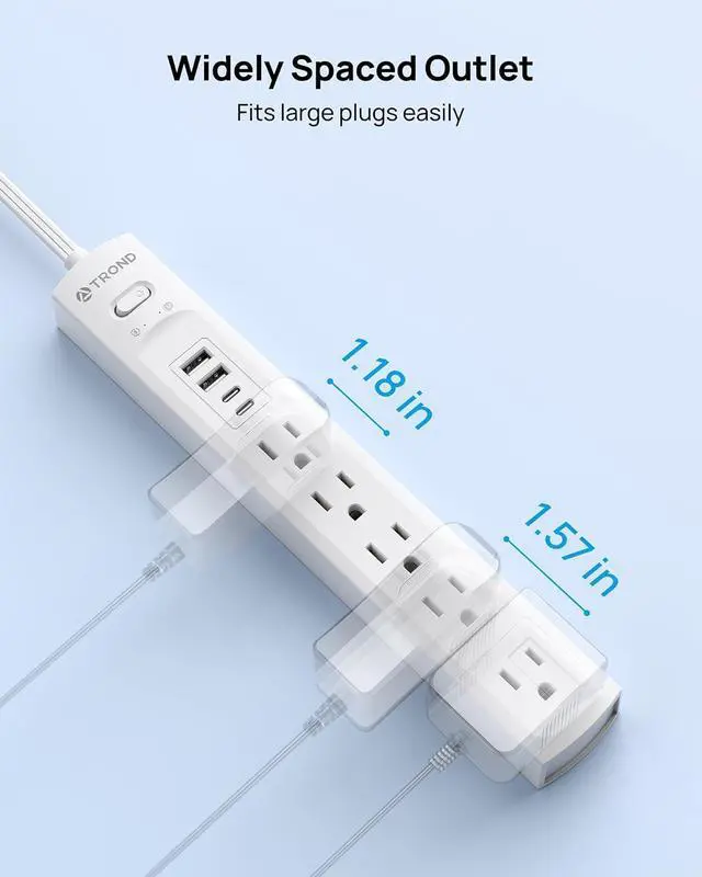 Alt view image 7 of 7 - TROND Surge Protector Power Strip with 360° Rotating Flat Plug, 5 Widely Spaced Outlets with 2 USB C and 2 USB A, 1440J Surge Protector, Wall Mountable, Extension Cord 6ft for Home Office Dorm, White