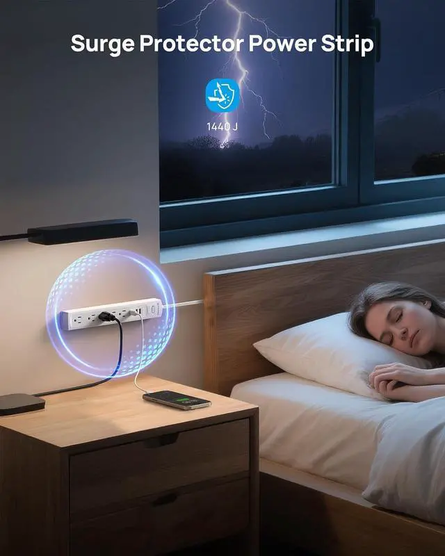 Alt view image 4 of 7 - TROND Surge Protector Power Strip with 360° Rotating Flat Plug, 5 Widely Spaced Outlets with 2 USB C and 2 USB A, 1440J Surge Protector, Wall Mountable, Extension Cord 6ft for Home Office Dorm, White