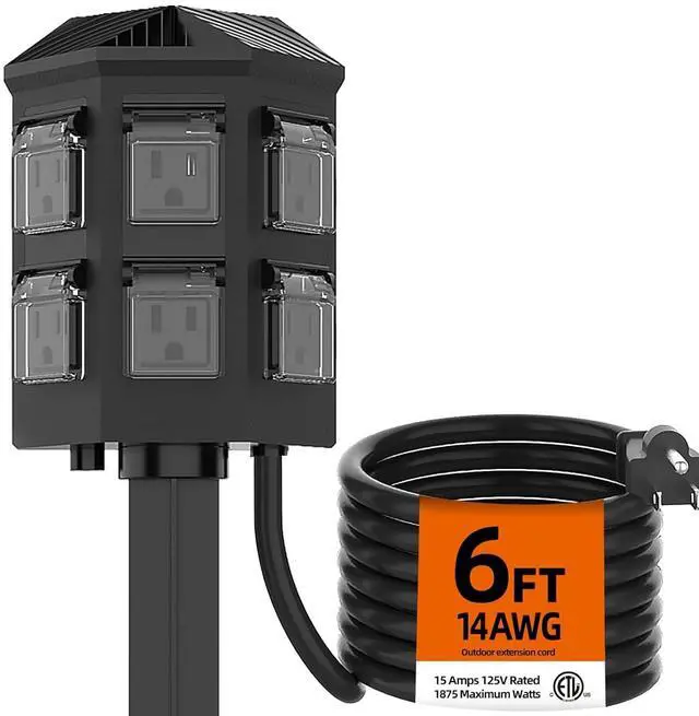 Main image of TiFFCOFiO Outdoor Power Strip Waterproof, 24 Hour Mechanical Timer, 6 ft Extension Cord, 6 Grounded Outlets for Outdoor Lights, ETL Listed (6 FT)
