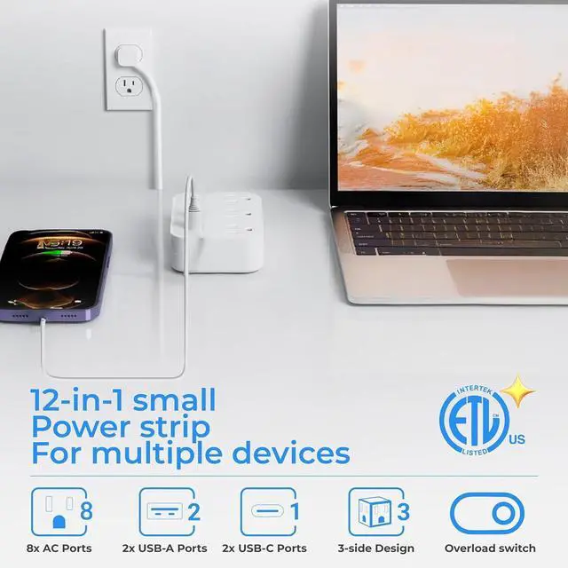 Alt view image 3 of 7 - Short Extension Cord 1Ft - 8 Outlets Power Strip Flat Plug Surge Protector with 4 USB (5V 3.4A 17W), Multi Plug Wall Outlet Splitter, Desk Charging Station for Home Office Dorm Collages